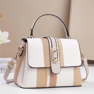 Women Shoulder Bag PU Leather Textured Woven Vertical Striped Crossbody Handbag With Gold Metal Buckle Retro Elegant Trendy