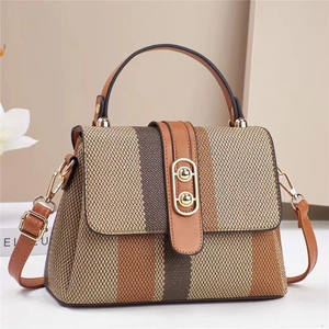Detail of vintage striped woven handbag with leather trim and gold buckle closure