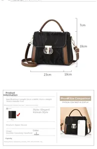 Detailed view of bicolor retro tote bag with dimensions and phone size comparison