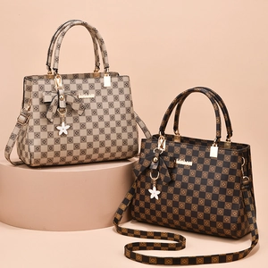 Vintage checkered tote bag with bow detail and adjustable shoulder strap for women