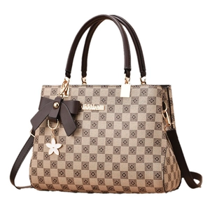 Classic checkered pattern handbag for women with bow pendant and adjustable shoulder strap