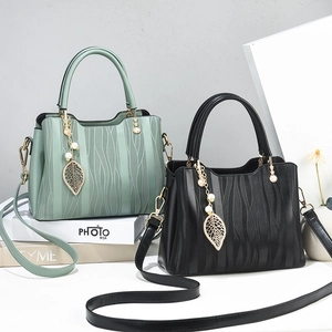 Women Wave Pattern PU Leather Handbag With Leaf Artificial Pearl Pendant Crossbody Shoulder Tote Bag Elegant Daily Fashion Accessory