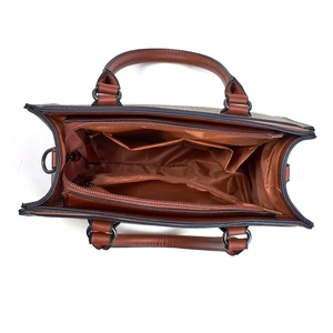Internal view of brown plaid handbag showing triple compartments and zippered pocket