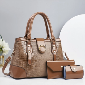 Brown crocodile texture 3-piece handbag set with gold hardware and shoulder strap