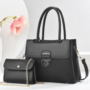 Zweiteiliges Set aus schwarzer PU-Lederhandtasche und passender Umhängetasche mit Streifen