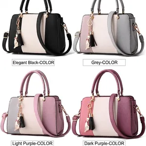 Chic tricolor patchwork women handbag with cat pendant in four elegant colorways