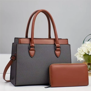 Women's crossbody bag and wallet set in grey twill fabric with brown leather accents