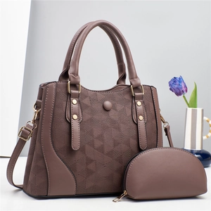 Brown handbag set with geometric triangle pattern and matching sub-bag in premium leather