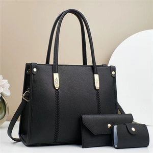 Ensemble de sacs à main 3 pièces en cuir noir à motif litchi avec détails dorés chic