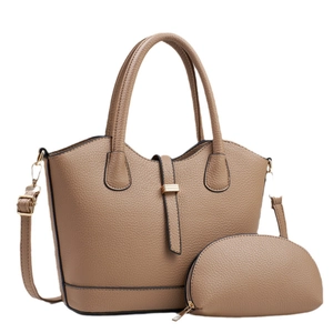 Lychee pattern faux leather tote bag set in camel brown with gold hardware and shoulder strap