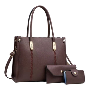 Ensemble de trois sacs à main marron foncé en cuir avec grand cabas et portefeuille
