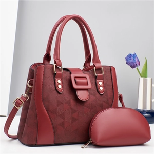 Luxurious wine red tote bag with geometric texture and matching mini pouch set