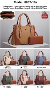 Vue détaillée du lot de sacs à main multicolores avec dimensions et options de coloris
