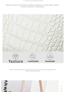 Détail du sac en PU blanc avec texture crocodile résistante aux rayures et finition durable