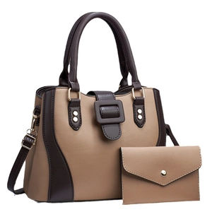 Lychee pattern faux leather tote bag and envelope wallet set in khaki and dark brown