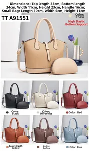 Detailed dimensions of 2-piece tote bag set with vertical embossed leather texture
