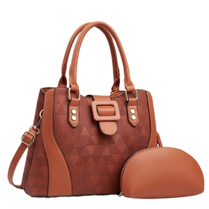 Brown contrast diamond pattern large tote bag set with matching small zipper purse