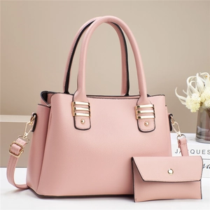 Pink litchi texture faux leather tote and envelope clutch two-piece set with gold hardware