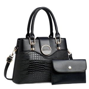 Black lizard-embossed faux leather handbag set with gold round hardware and wallet