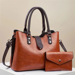 Retro brown textured leather handbag set with matching envelope wallet and silver hardware