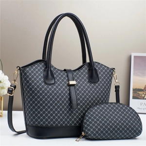 Detail of printed tote bag set with grid pattern, including a matching crescent coin purse