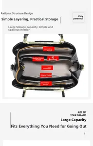 Internal structure of black leather tote bag showing multi-compartment storage and gold zipper