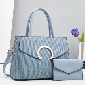 Modern light blue pleated tote bag with matching envelope wallet and gold metal accents