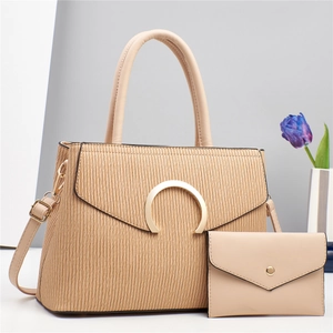 2-piece beige pleated handbag set with metallic horseshoe buckle and adjustable strap