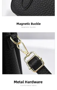 Close-up of litchi pattern leather texture and golden metal buckle on black tote bag