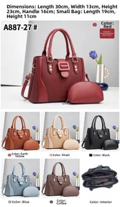 Detail view of large capacity tote bag and small pouch set with dimensions and colors