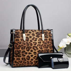 Sac Fourre-Tout À Imprimé Léopard Et Pochette En Cuir Verni Brillant Et Porte-Cartes Sac À Main Grande Capacité Pour Femmes