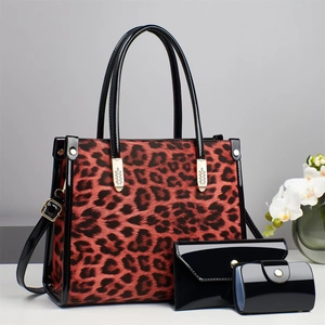 Ensemble de 3 sacs léopard rouge avec cabas, portefeuille et pochette en similicuir