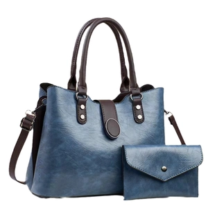 Blue leather texture handbag set with tote bag, envelope wallet and brown handles
