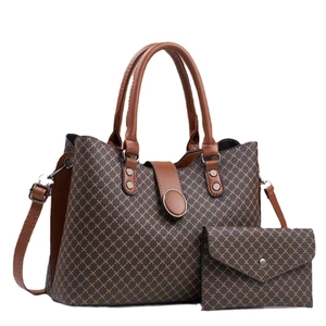 Ensemble 2 pièces sac à main pour femme marron à motif géométrique imprimé
