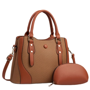 Striped tote bag set with round pouch and adjustable strap in caramel brown leather