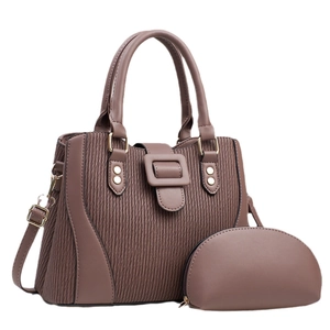Two-piece tote bag set in brown faux leather with vertical pleated texture and gold hardware