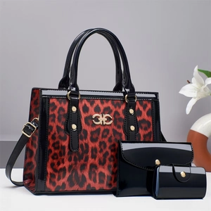 Three-piece leopard print bag set with glossy faux leather and golden hardware
