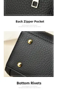 Detail view of lychee leather tote bag featuring rear zipper pocket and base metal studs