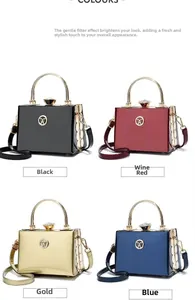 Detail view of glossy patent leather handbags in black, burgundy, gold, and blue colors