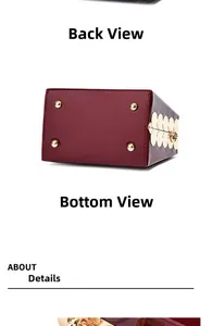 Detail view of burgundy patent leather bag bottom with golden metal protective studs
