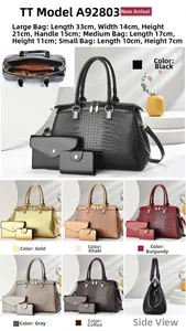 Three-piece crocodile pattern handbag set in six colors with detailed size dimensions