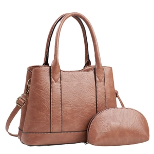 Brown leather tote bag set with matching coin purse and detachable shoulder strap