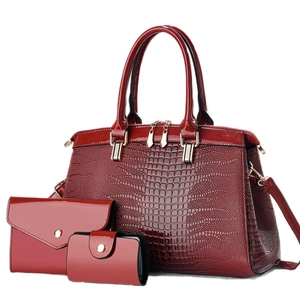 Three-piece set of dark red crocodile pattern tote bag, envelope clutch and card holder