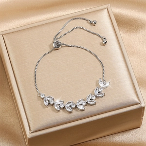 Elegant silver adjustable wheat-style bracelet with marquise-cut cubic zirconia crystals