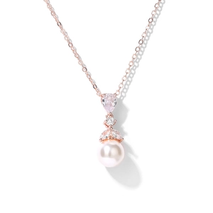 Collier élégant en or rose avec perle blanche ronde et pendentif en zircon brillant