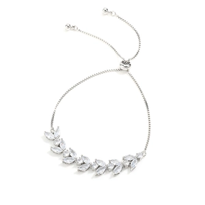 Sparkling leaf-shaped cubic zirconia adjustable slider bracelet in silver finish