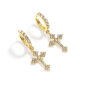Boucles d'oreilles créoles croix dorées hip hop avec micro-pavé de cristaux zircons