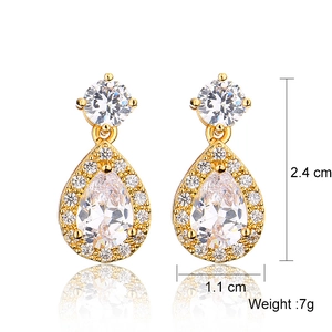 Elegant gold-plated teardrop zircon earrings with pear-cut stone and dimensions