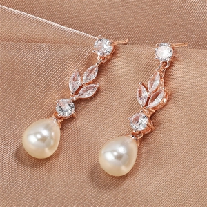 Exquisite rose gold drop earrings with pear-shaped pearls and sparkling zircon accents