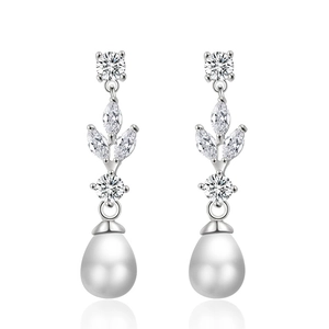 Elegant silver long drop earrings featuring teardrop pearls and shimmering zircon stones